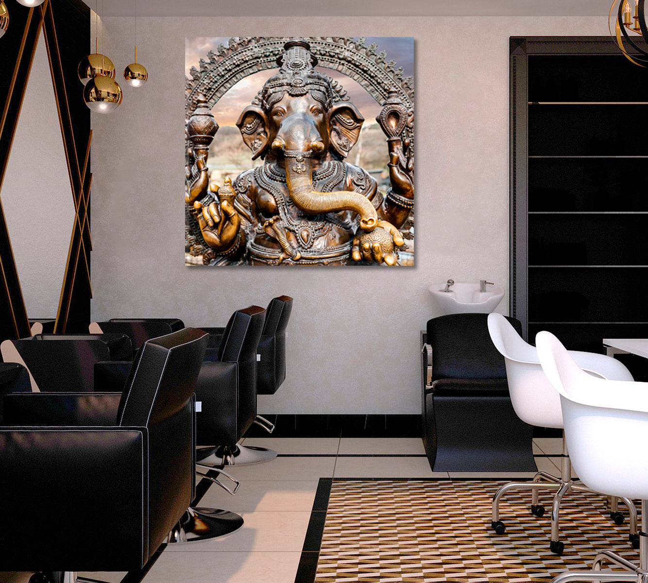 Statue of Hindu Elephant God Ganesha Dramatic Sky - Square Panel Religious Modern Art Artesty   