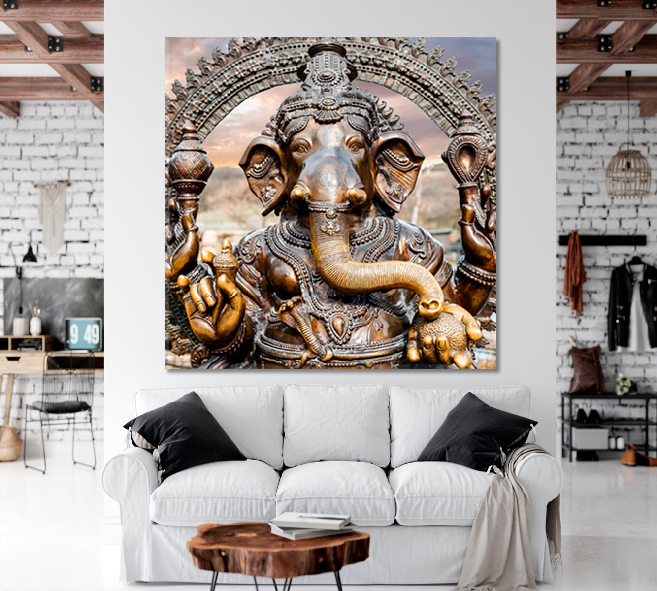 Statue of Hindu Elephant God Ganesha Dramatic Sky - Square Panel Religious Modern Art Artesty   