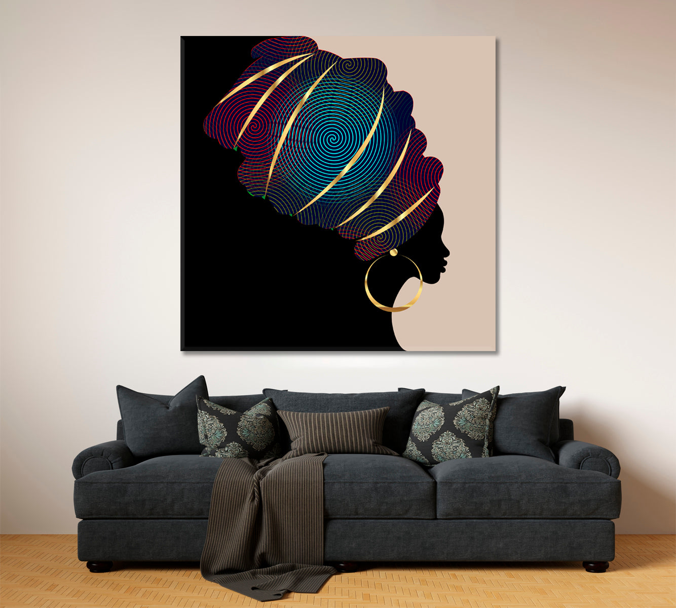 Portrait Beautiful African WomanTraditional Turban Kente Head Wrap | Square African Style Canvas Print Artesty   