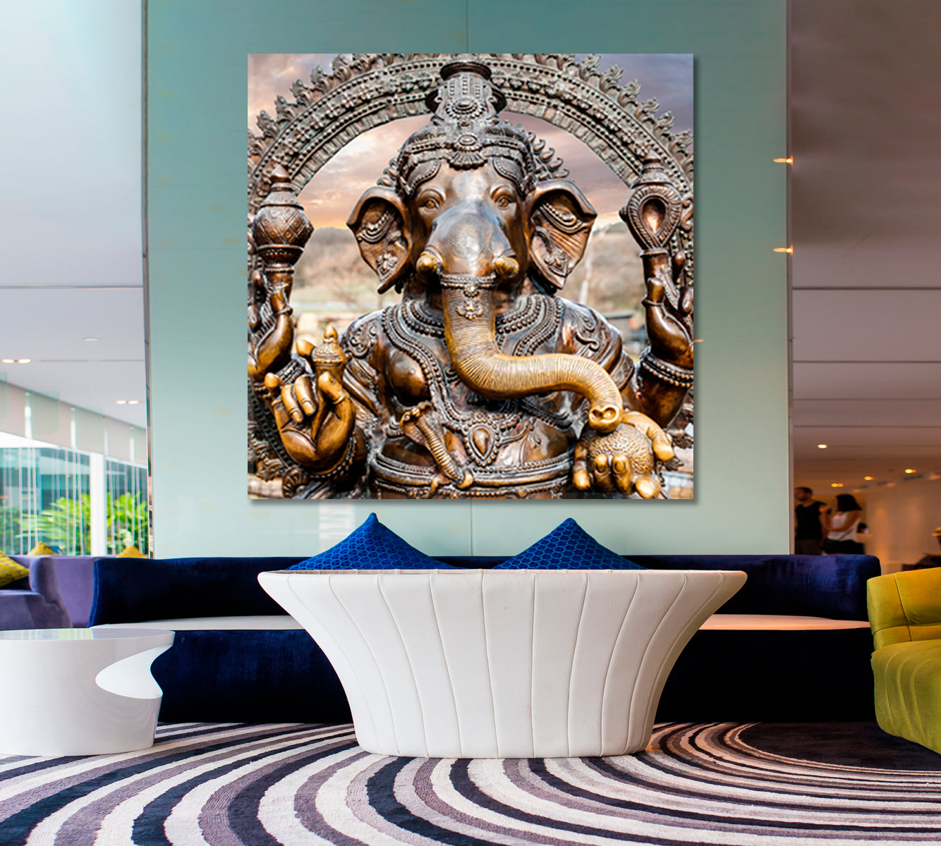 Statue of Hindu Elephant God Ganesha Dramatic Sky - Square Panel Religious Modern Art Artesty   