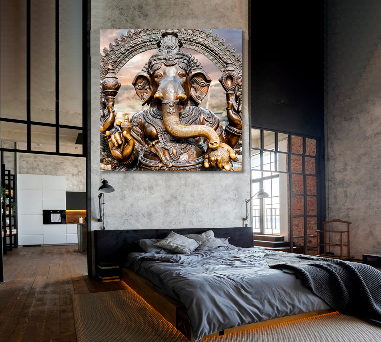 Statue of Hindu Elephant God Ganesha Dramatic Sky - Square Panel Religious Modern Art Artesty   