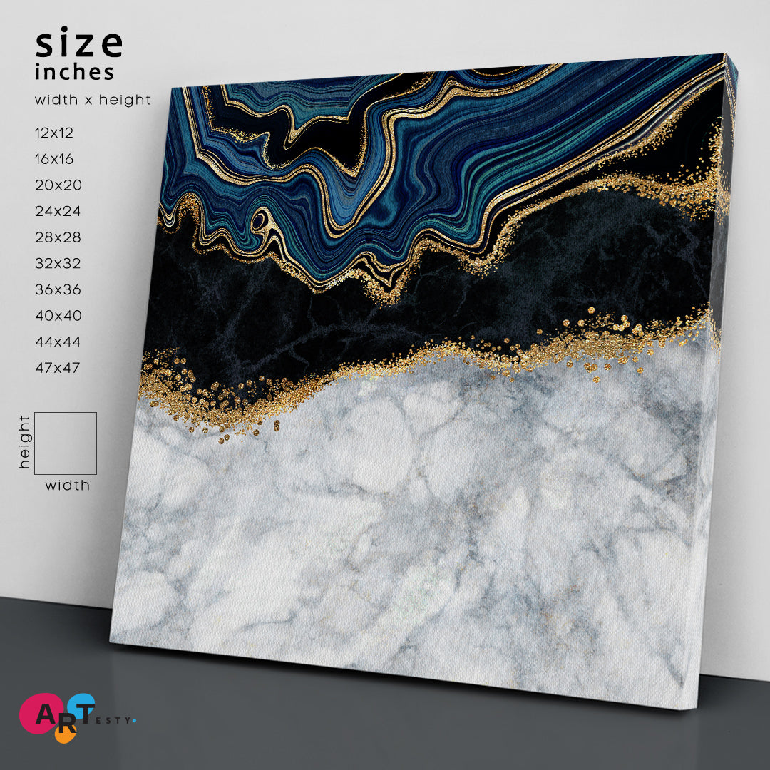 White Blue Black Gold Abstract Marble Effect Canvas Print - Square Fluid Art, Oriental Marbling Canvas Print Artesty   