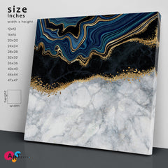 White Blue Black Gold Abstract Marble Effect Canvas Print - Square Fluid Art, Oriental Marbling Canvas Print Artesty   