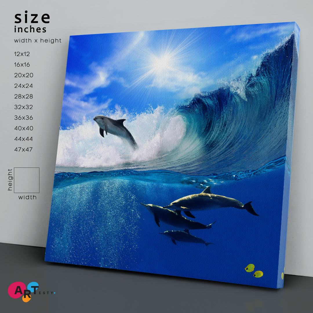 Oceanview | Flock of Playful Dolphins Canvas Print Giclée - Square Panel Nautical, Sea Life Pattern Art Artesty   