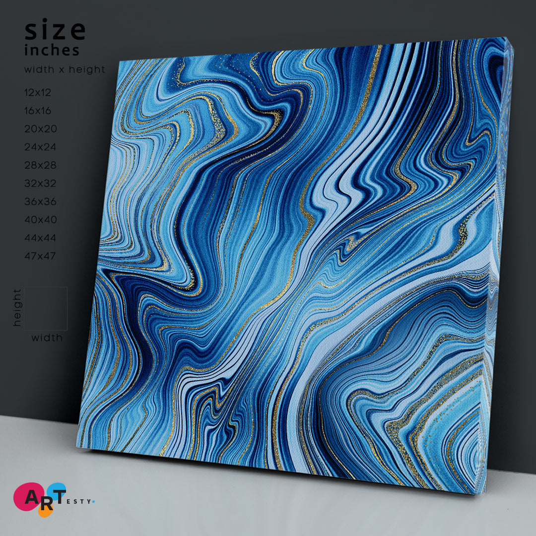 Creative Agate Artistic Marble Sky Blue & Gold Veins Canvas Print - Square Abstract Art Print Artesty   
