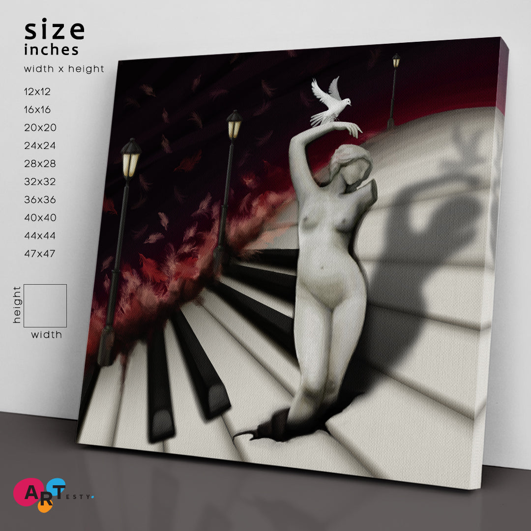 Woman Sculpture and Bird in Fantasy Piano World Abstract Artwork Music Wall Panels Artesty   