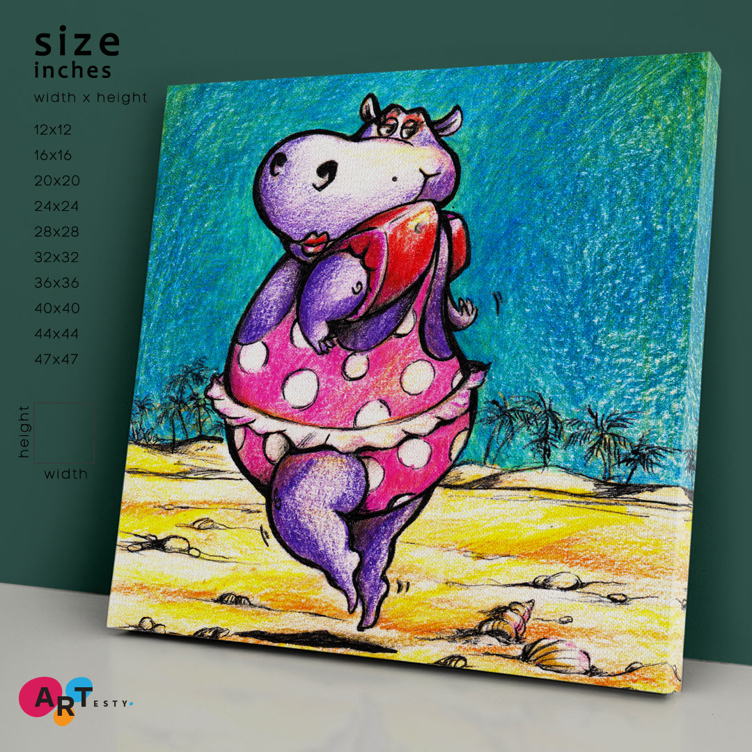 CUTE HIPPO  | Hippopotamus Whimsical Animals Kids Room, Bathroom Canvas Print - Square Panel Animals Canvas Print Artesty   