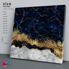 Navy Blue And Gold Abstract Marbling Natural Stone Luxury Style Canvas Print - Square Fluid Art, Oriental Marbling Canvas Print Artesty   