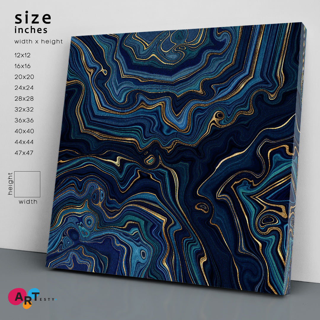 Dark Blue And Gold Abstract Marble Effect Canvas Print - Square Abstract Art Print Artesty   
