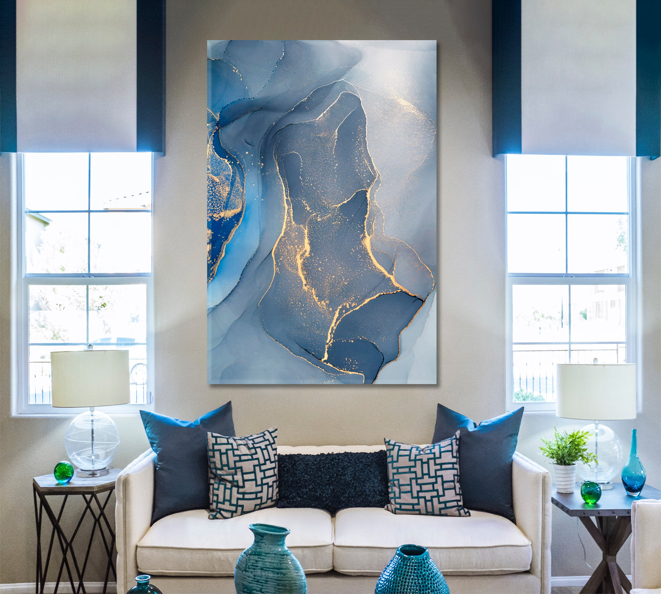 ABSTRACT STUNNING MARBLE Oriental Turkish Style Light Blue | Vertical Fluid Art, Oriental Marbling Canvas Print Artesty   