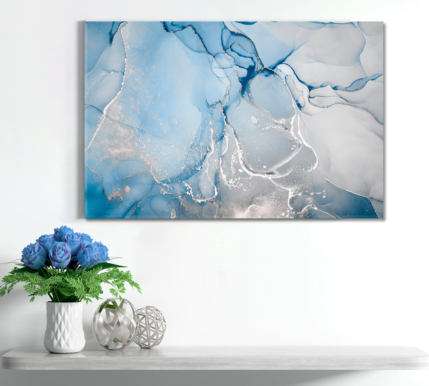 CLOUDS SILK Soft Blue Swirls Ink Colors Marble Veins Fluid Art, Oriental Marbling Canvas Print Artesty 1 panel 24" x 16" 