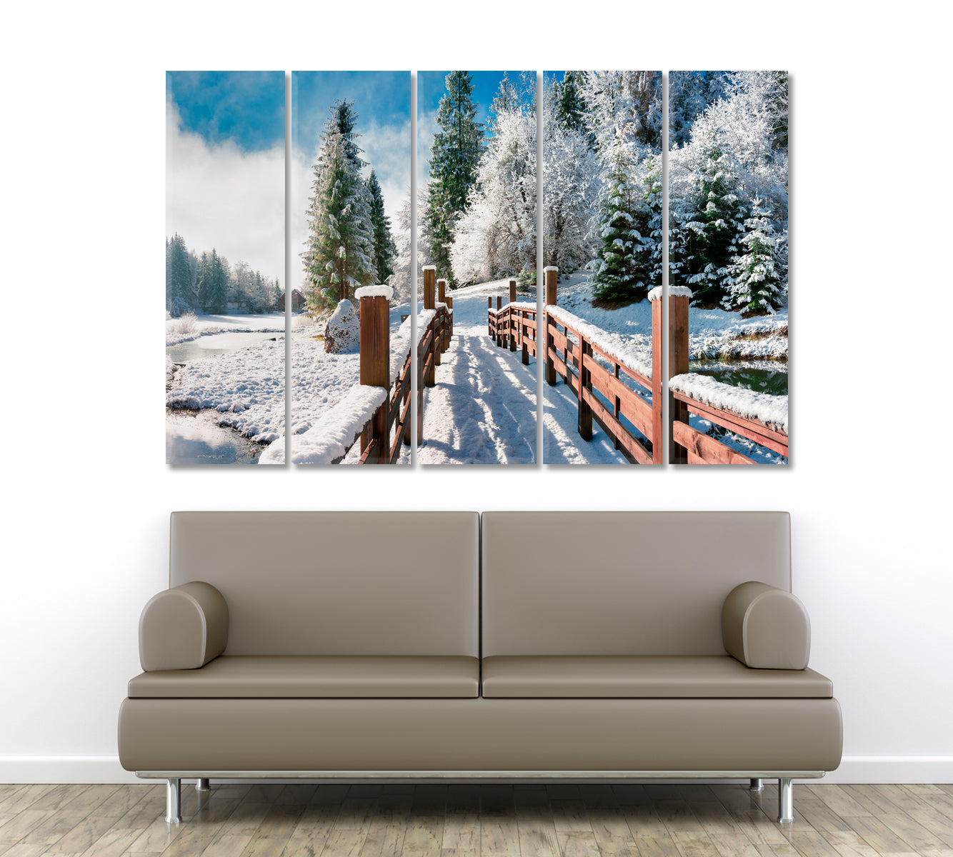 Snow Covered Christmas Trees Forest Bridge Panorama Scenery Landcape Artesty 5 panels 36" x 24" 
