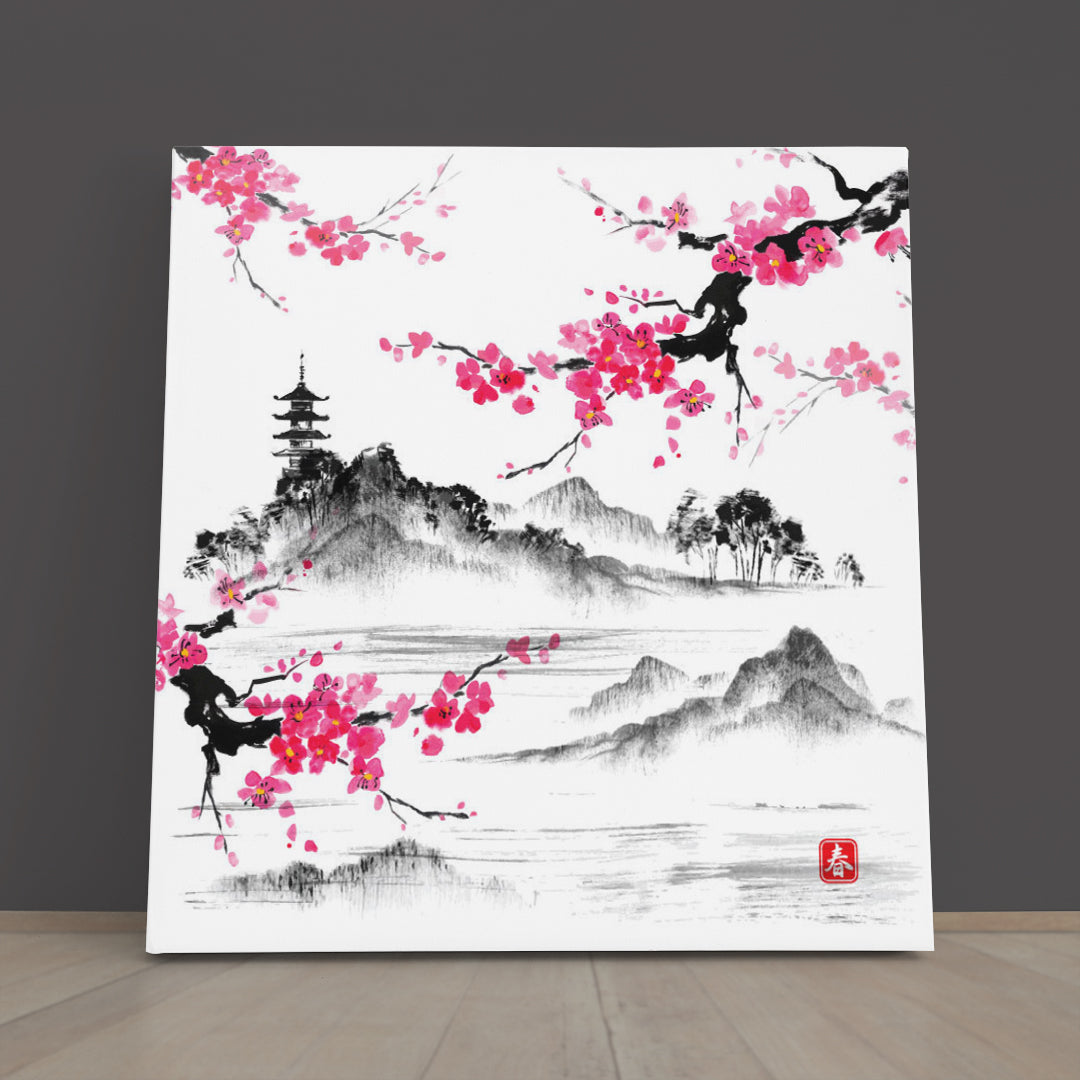 Oriental Landscape Sakura Branches Lake Hills Traditional Japanese Art | Square Asian Style Canvas Print Wall Art Artesty 1 Panel 12"x12" 