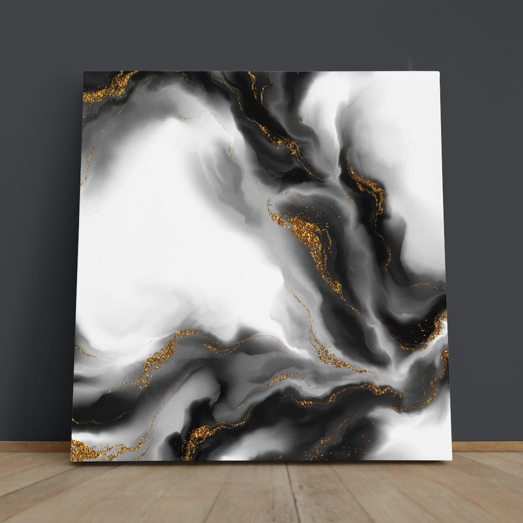 Black and White Marble Beautiful Trendy Art  - Square Panel Fluid Art, Oriental Marbling Canvas Print Artesty 1 Panel 12"x12" 