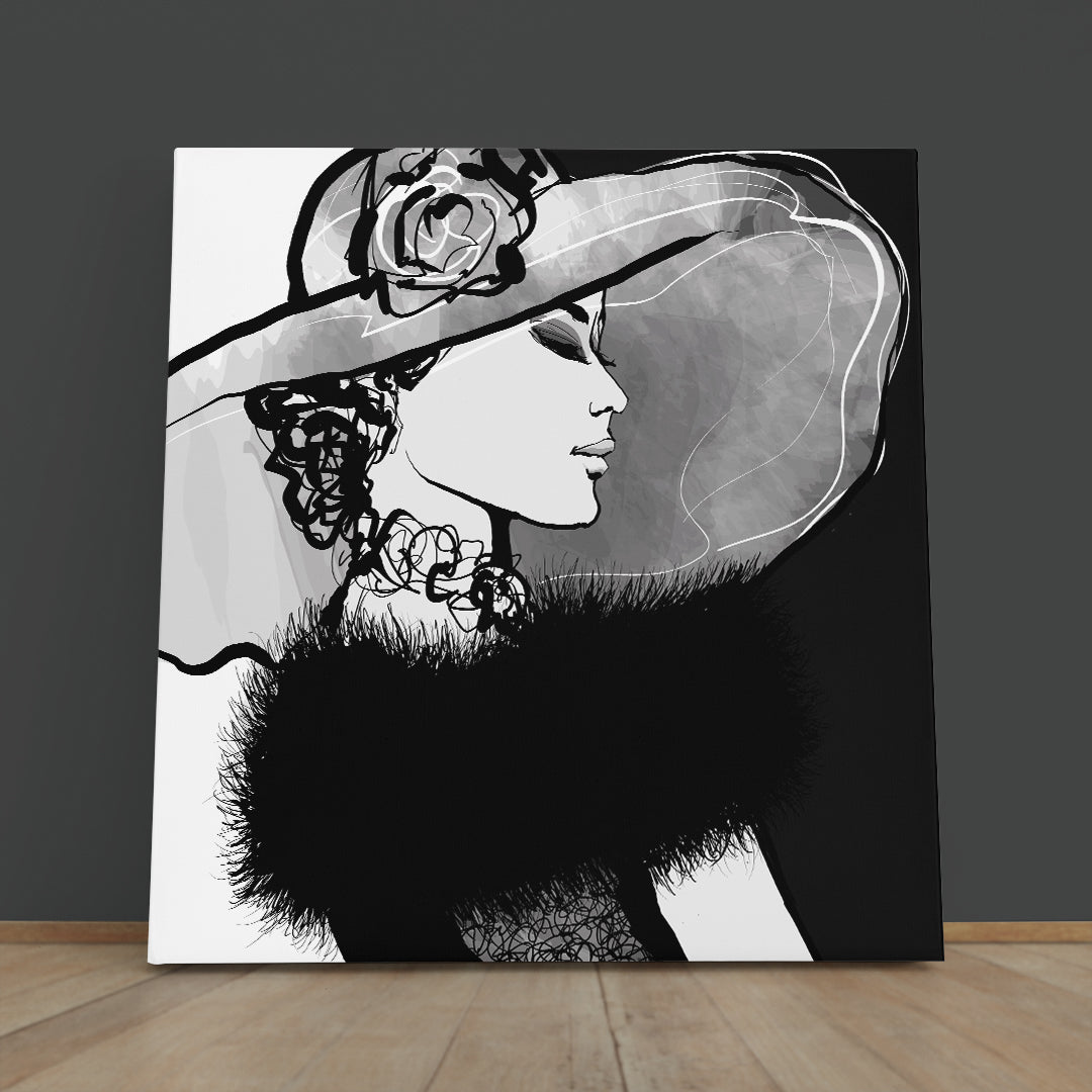 ELEGANT Beautiful Young Woman With Hat and Fur Black And White  - Square Panel Black and White Wall Art Print Artesty 1 Panel 12"x12" 