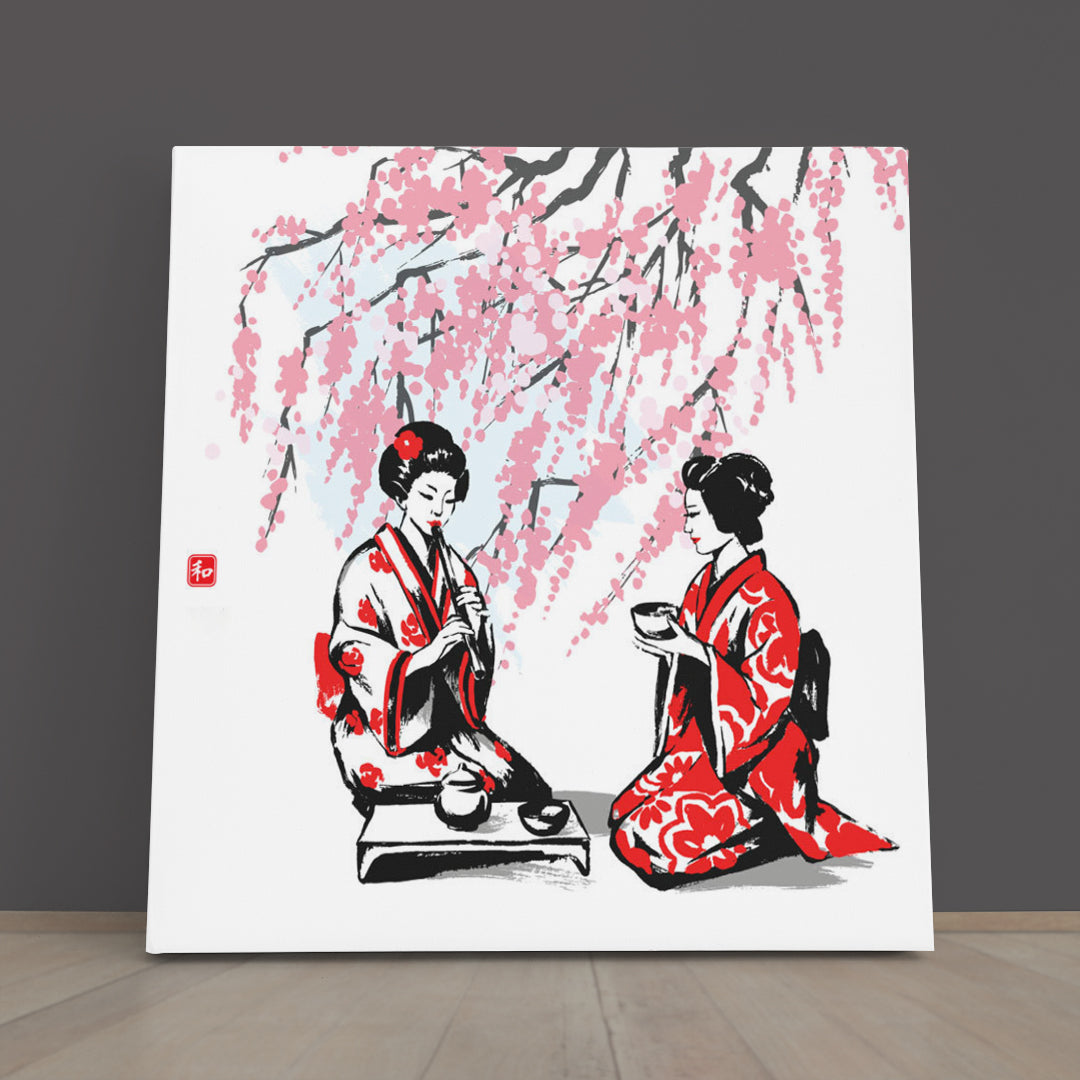 Oriental Branches Cherry and Two Girls Having Tea Japanese Style Canvas Print - Square Asian Style Canvas Print Wall Art Artesty 1 Panel 12"x12" 