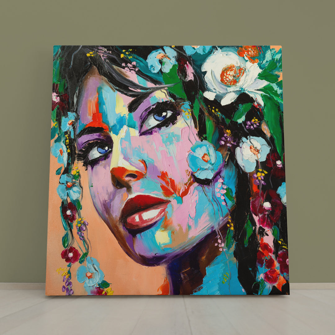 LADY OF THE FLOWERS Beautiful Fantasy Woman Stunning Contemporary Art - Square Panel Fine Art Artesty 1 Panel 12"x12" 