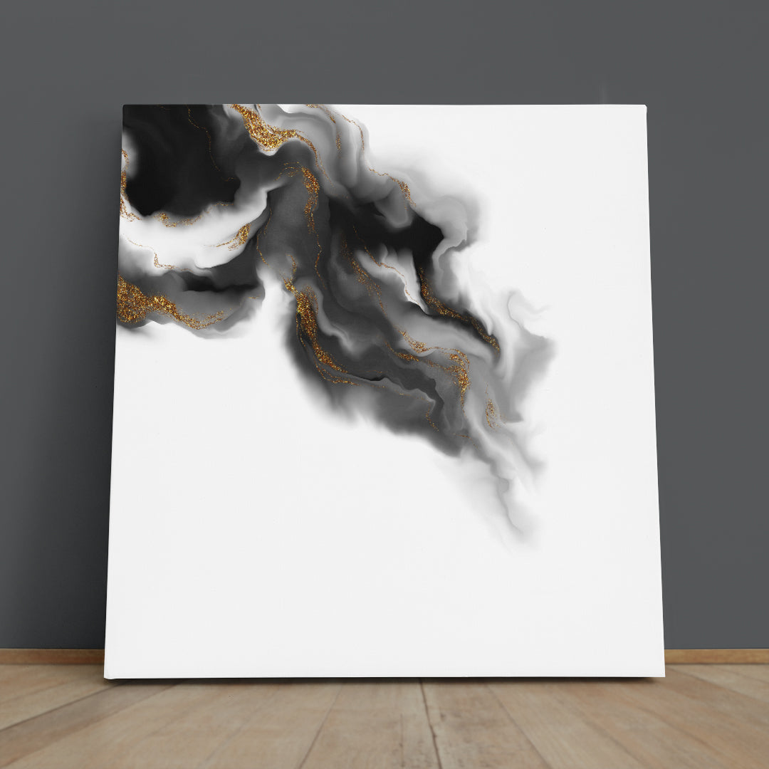 Tender Dreamy Black and Golden Marble Abstract Splash  - Square Fluid Art, Oriental Marbling Canvas Print Artesty 1 Panel 12"x12" 