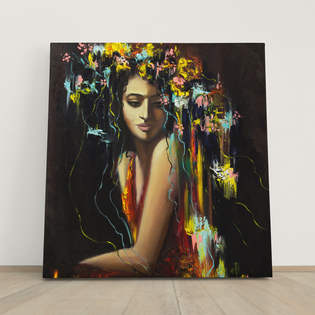 LADY OF THE FLOWERS Beautiful Woman Magic and Mythology Vivid Colors - Square Panel Fine Art Artesty 1 Panel 12"x12" 