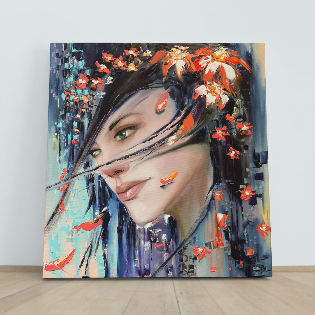 LADY AUTUMN Beautiful Fantasy Woman with Flowers and Tree Leaves Contemporary Art - Square Panel People Portrait Wall Hangings Artesty   