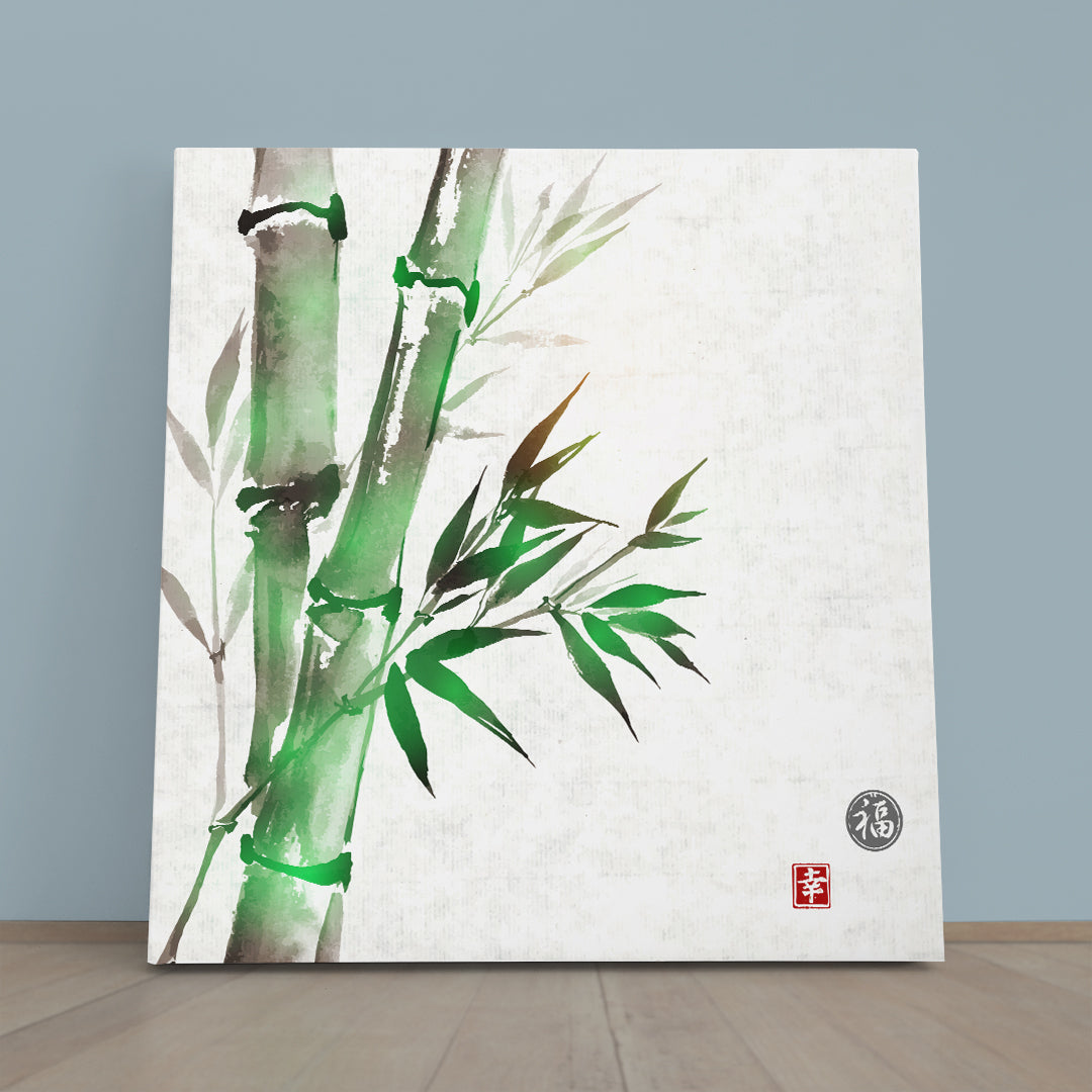LUCK AND HAPPINESS Green Bamboo Sumi-e style ZEN Canvas Print - Square Asian Style Canvas Print Wall Art Artesty 1 Panel 12"x12" 