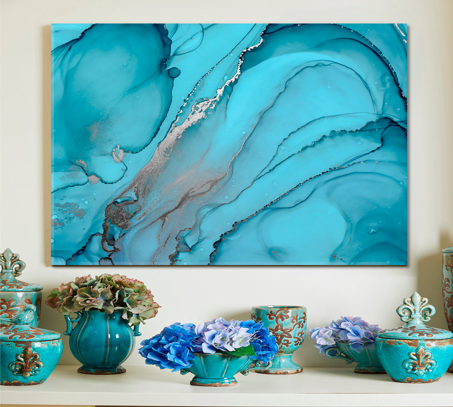 Abstract Watercolor Blue Turquoise Ocean Waves Trendy Marble Artwork Fluid Art, Oriental Marbling Canvas Print Artesty   