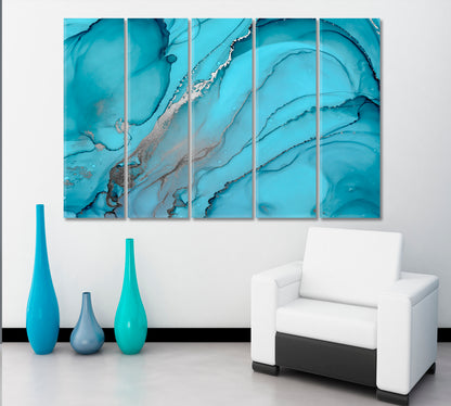 Abstract Watercolor Blue Turquoise Ocean Waves Trendy Marble Artwork Fluid Art, Oriental Marbling Canvas Print Artesty   