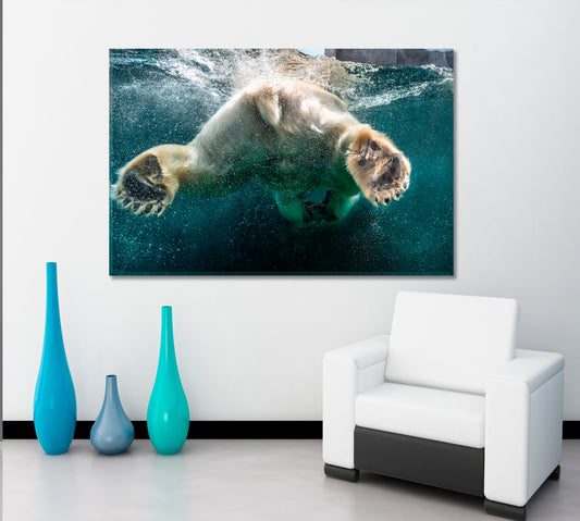 BUBBLES Polar Bear Big Paws Swimming Undersea Wild Life Framed Art Artesty 1 panel 24" x 16" 