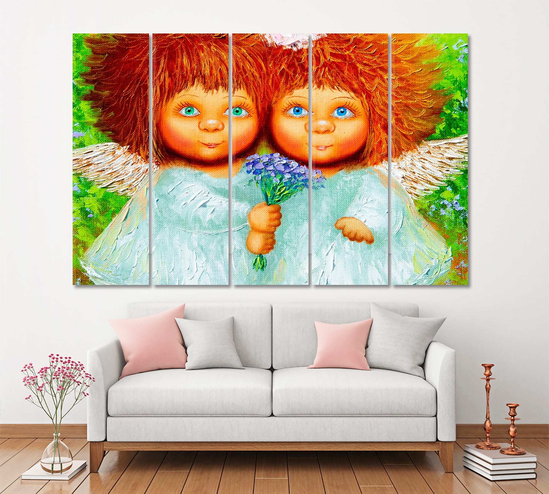 KID'S ART Two Cute Little Girls Shaggy Red Hair Kids Room Canvas Art Print Artesty 5 panels 36" x 24" 