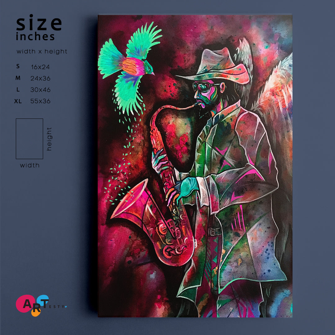 ANGEL Cubism Musician Sax Man Saxophone Music Wall Panels Artesty 1 Panel 16"x24" 