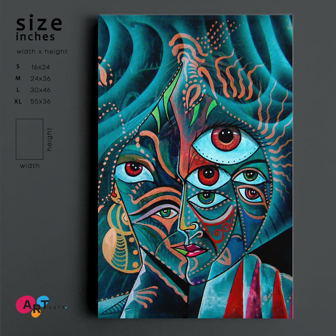 Cubism Face Fantasy Design Vivid Teal Color Cubist Trendy Large Art Print Artesty   