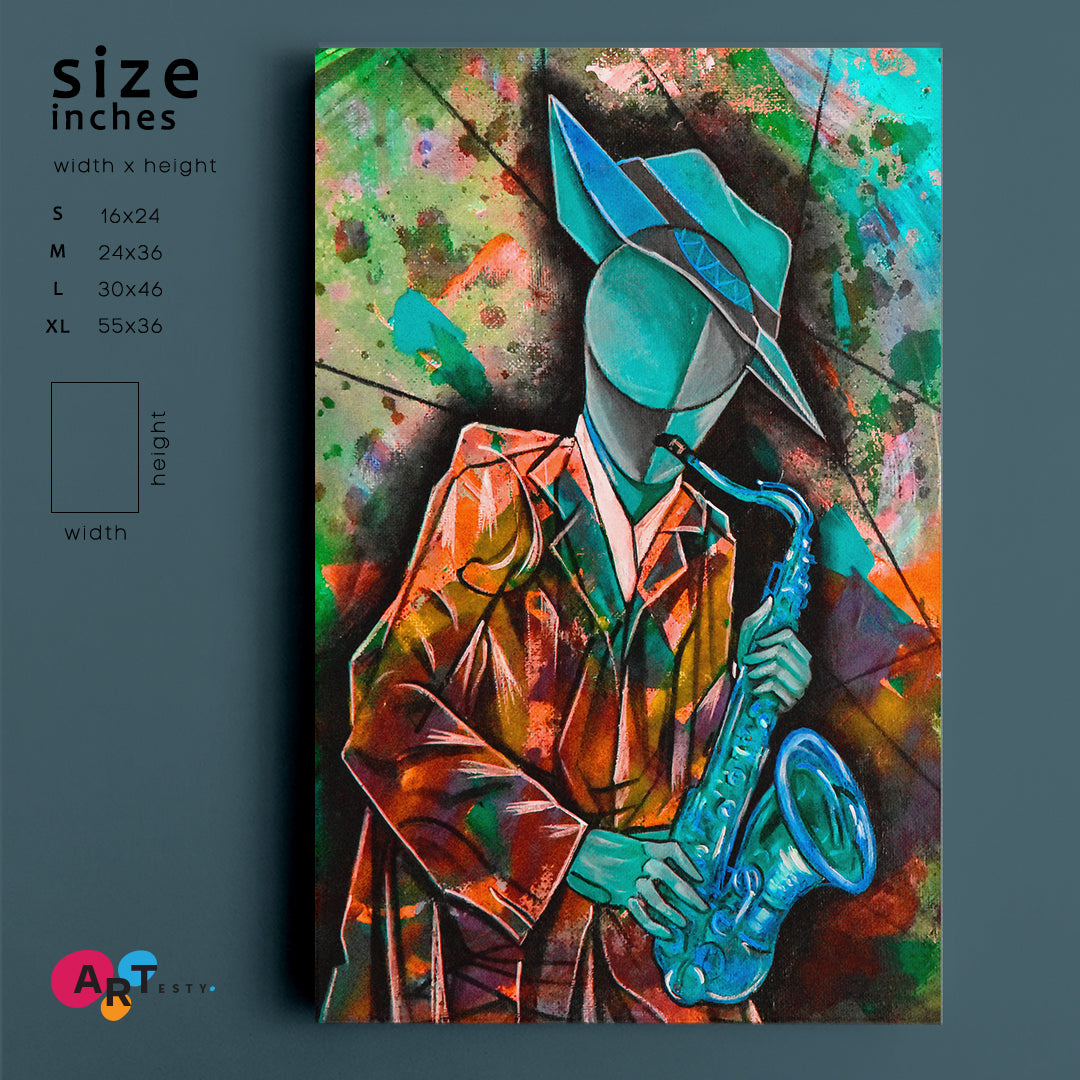 JAZZ MAN Saxophone Cubist Surrealism Modern Abstract Painting Cubist Trendy Large Art Print Artesty   