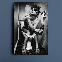 SMOKING GIRL Funny Poster Woman Sits in a Toilet with a Bottle - Vertical panel Black and White Wall Art Print Artesty   