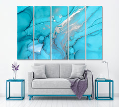 BLUE LAGOON Beautiful Marble Curly Ink Waves Silver Veins Painting Fluid Art, Oriental Marbling Canvas Print Artesty 5 panels 36" x 24" 
