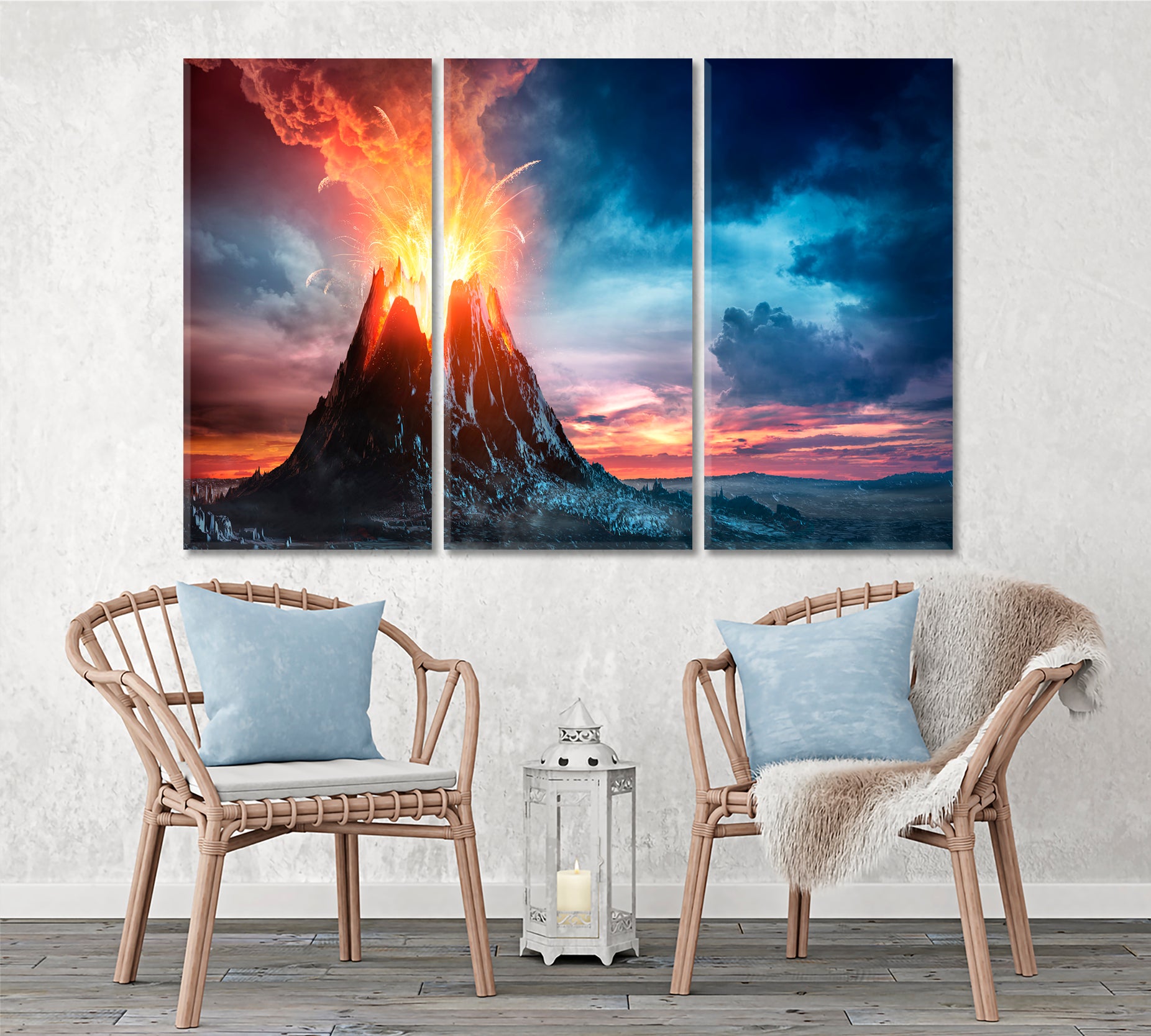 Volcanic Mountain in Eruption Scenery Landscape Fine Art Print Artesty 3 panels 36" x 24" 