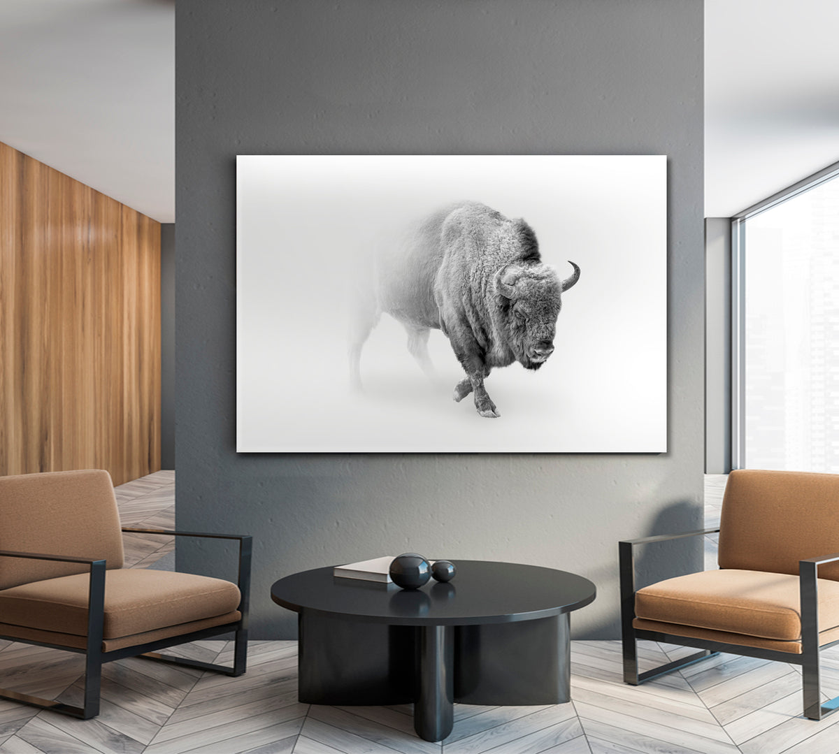 Wild Bison Buffalo Walking Out of The Mist Animals Canvas Print Artesty 1 panel 24" x 16" 