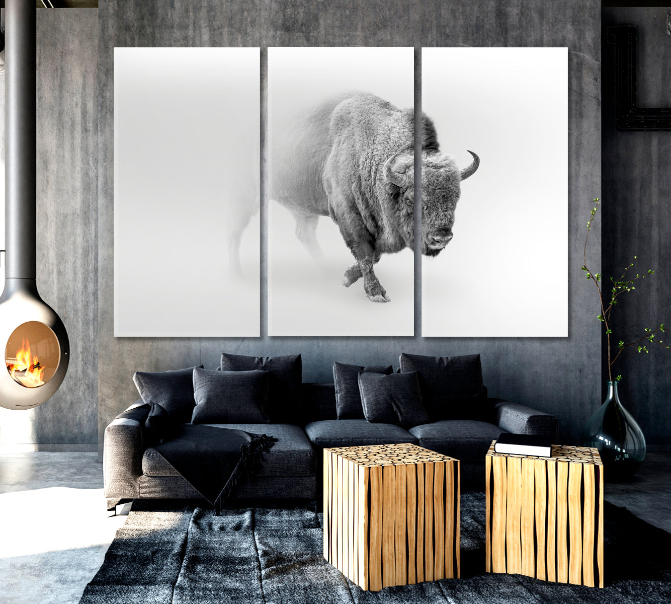 Wild Bison Buffalo Walking Out of The Mist Animals Canvas Print Artesty 3 panels 36" x 24" 