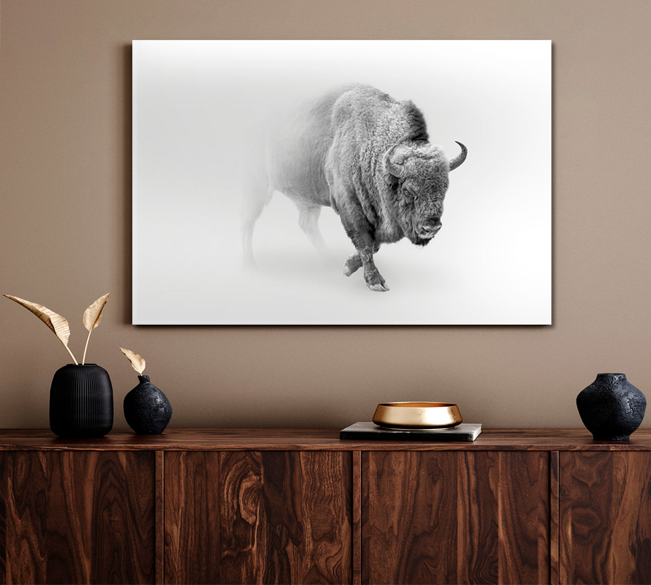 Wild Bison Buffalo Walking Out of The Mist Animals Canvas Print Artesty   