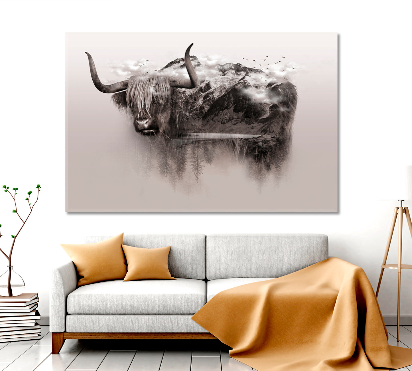 Bull Yak Wildlife Art Double Exposure Trees Mountain Surrounded By Fog Wild Life Framed Art Artesty 1 panel 24" x 16" 