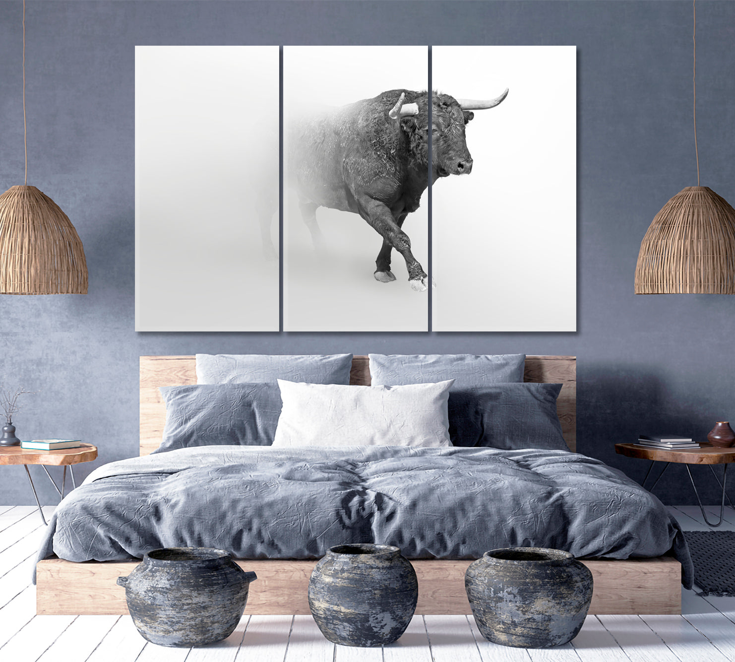 BULL IN THE MIST Wildlife Art Animal Grayscale Photo Poster Wild Life Framed Art Artesty 3 panels 36" x 24" 