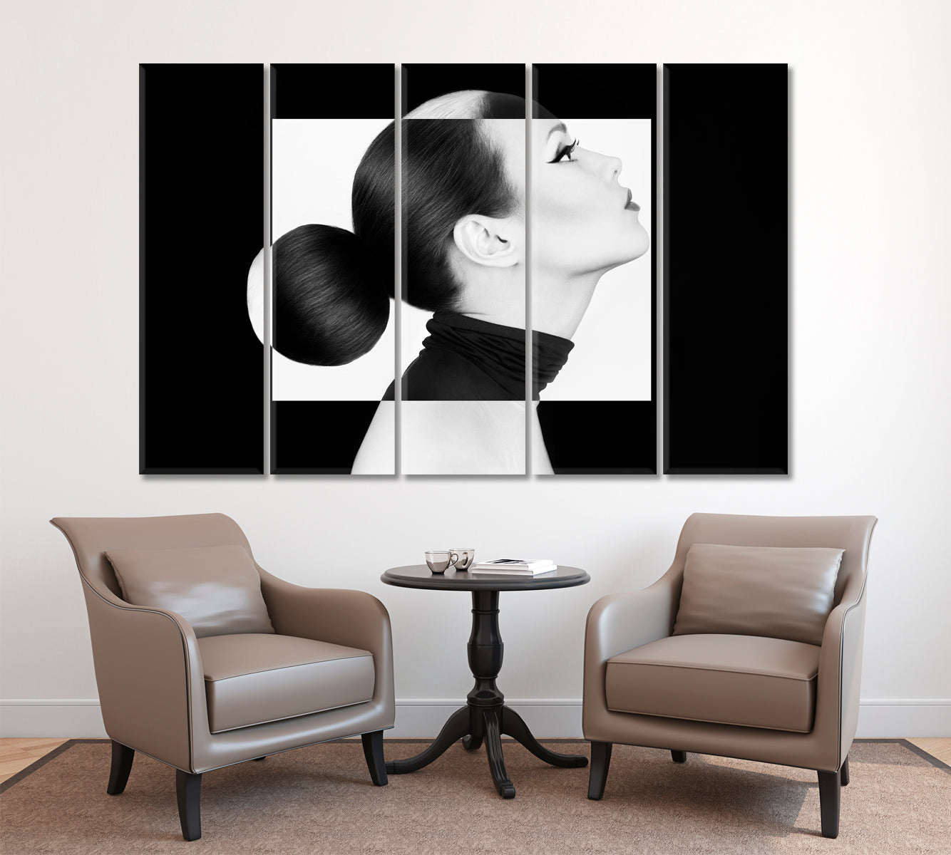 YIN YANG Black White Style Woman Fashion Portrait Black and White Wall Art Print Artesty 5 panels 36" x 24" 