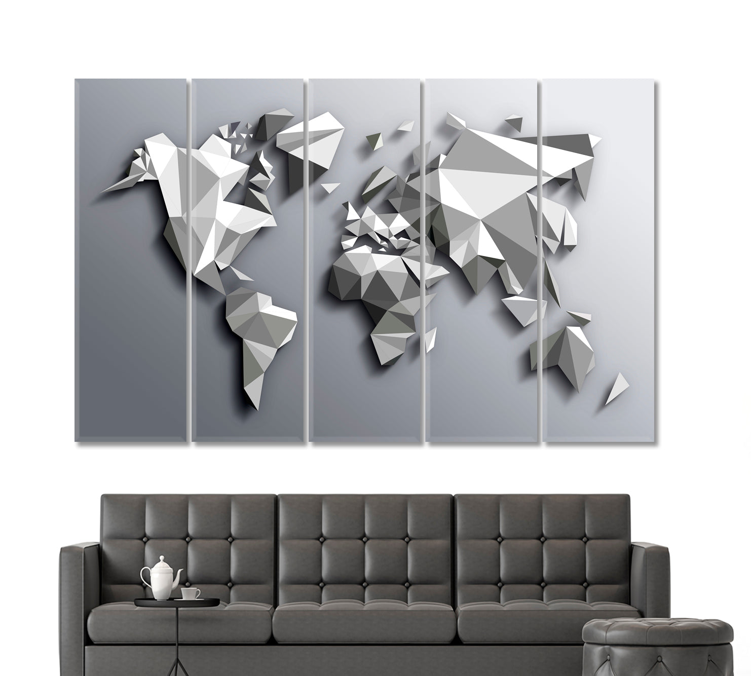 Extra Large Abstract Gray White Low Poly World Map Poster Maps Canvas Artwork Artesty 5 panels 36" x 24" 