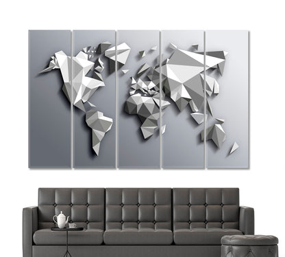 Extra Large Abstract Gray White Low Poly World Map Poster Maps Canvas Artwork Artesty 5 panels 36" x 24" 