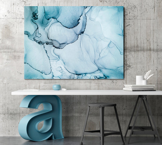 Gentle Abstract Veines Blue Modern Marble Ink Pattern Fluid Art, Oriental Marbling Canvas Print Artesty 1 panel 24" x 16" 