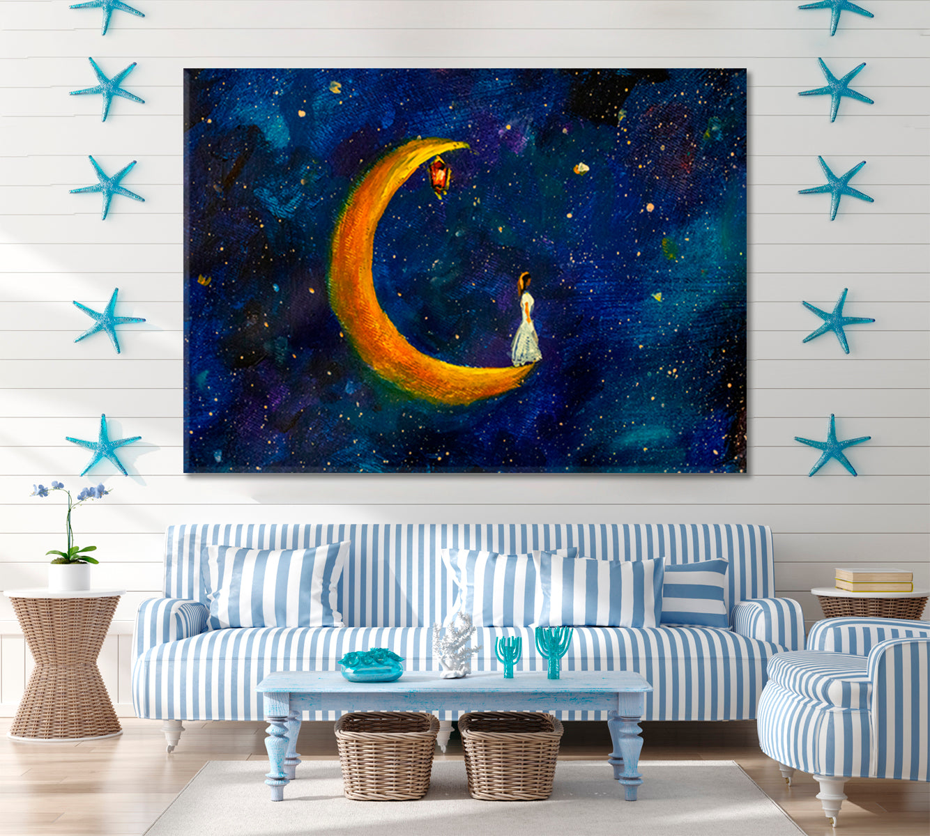 Girl on Big Moon Space Fabulous World Modern Art Impressionism Abstract Landscape Canvas Print Fine Art Artesty   