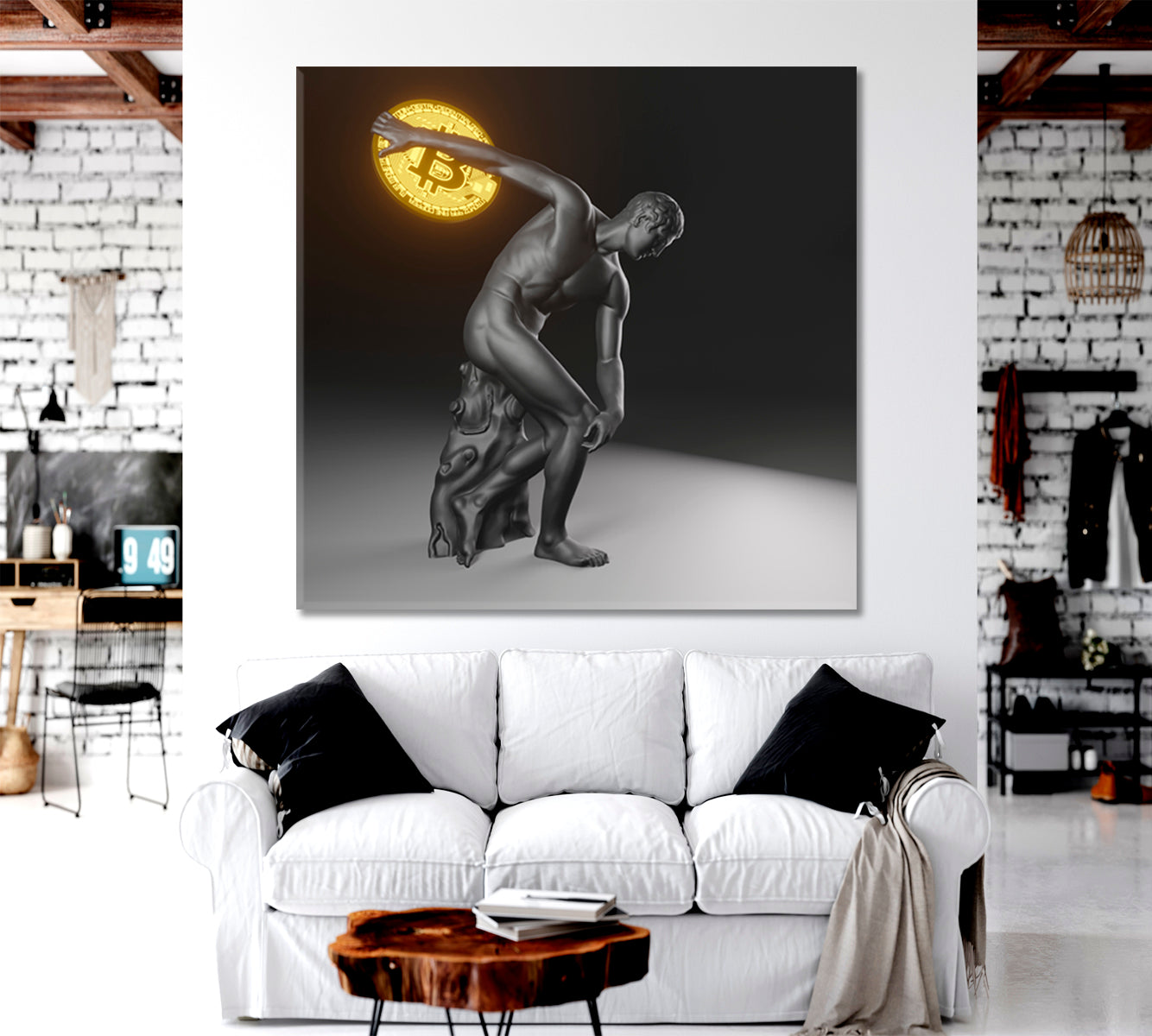 POWER OF BITCOIN Statue of Discobolus Myron Throws Bitcoin Poster Office Wall Art Canvas Print Artesty   