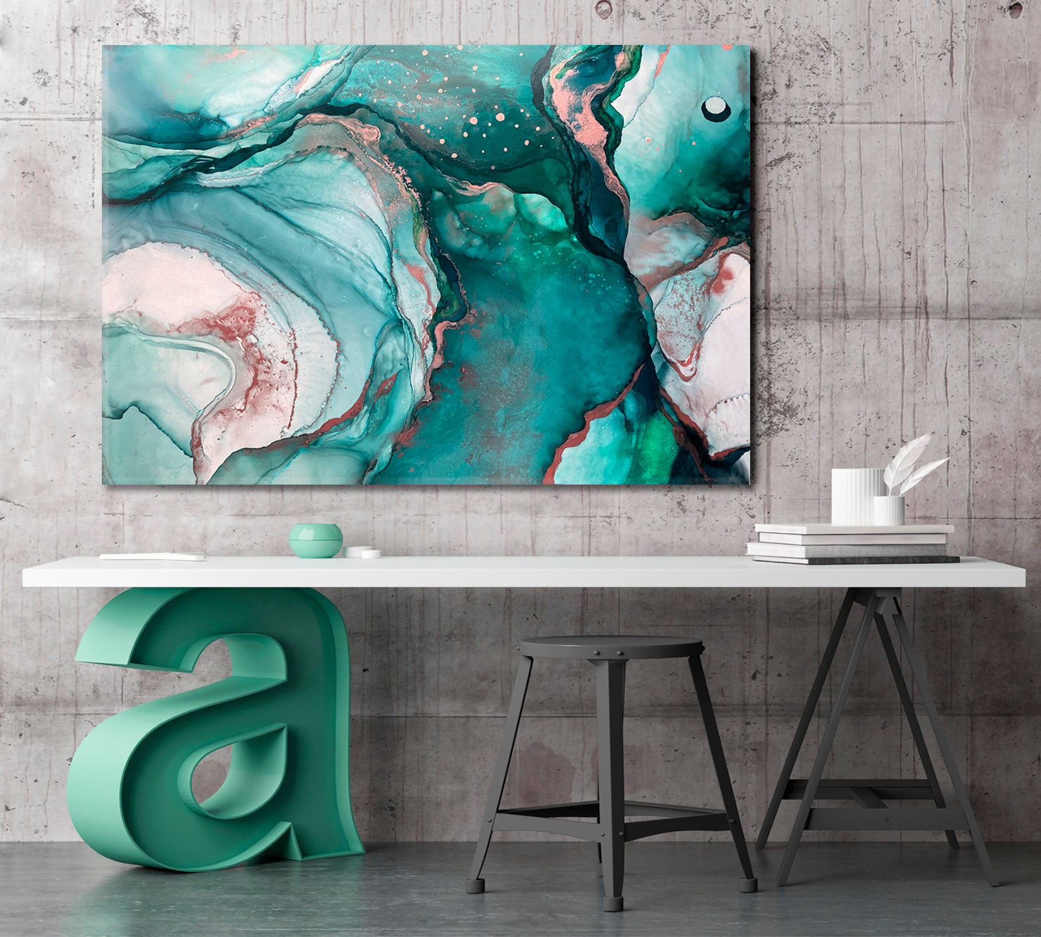 AZURE SEA WAVES Emerald Fluid Flowing Ink Marble Veins Oriental Art Fluid Art, Oriental Marbling Canvas Print Artesty   