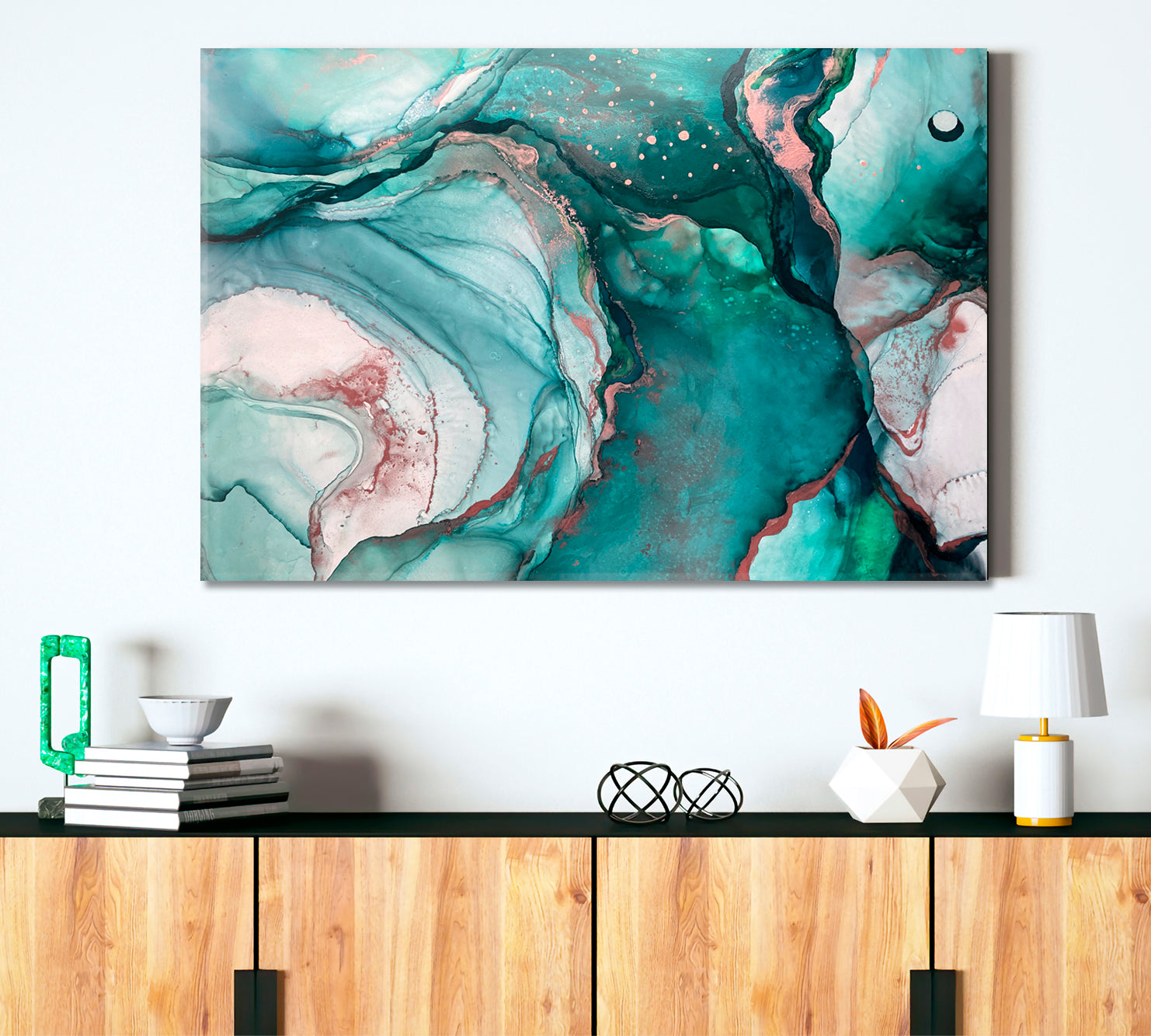 AZURE SEA WAVES Emerald Fluid Flowing Ink Marble Veins Oriental Art Fluid Art, Oriental Marbling Canvas Print Artesty   