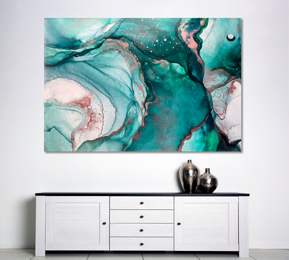 AZURE SEA WAVES Emerald Fluid Flowing Ink Marble Veins Oriental Art Fluid Art, Oriental Marbling Canvas Print Artesty   