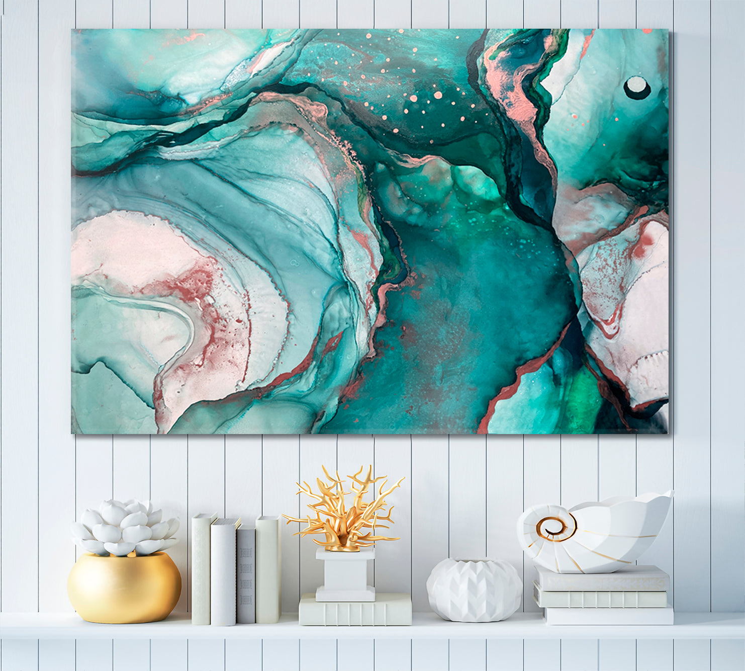 AZURE SEA WAVES Emerald Fluid Flowing Ink Marble Veins Oriental Art Fluid Art, Oriental Marbling Canvas Print Artesty   